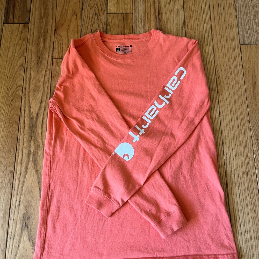Carhartt women’s Orange Long Sleeve Tee with White Logo